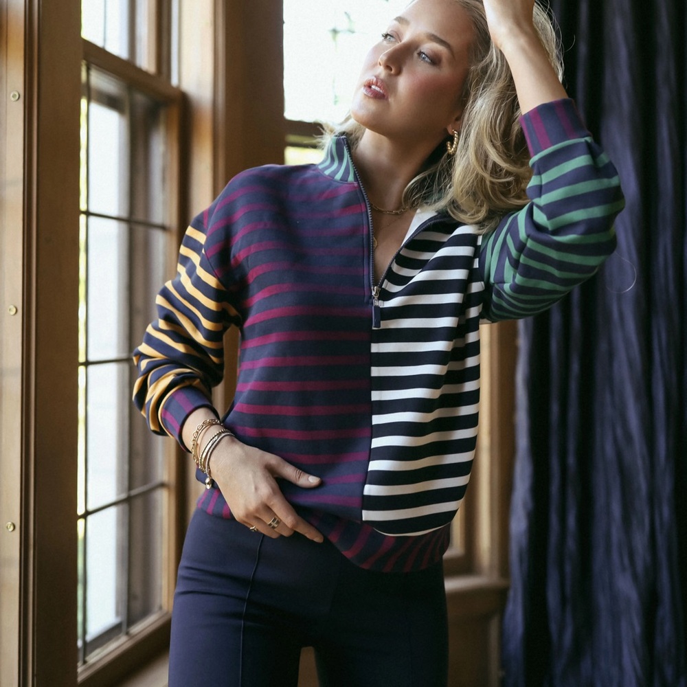 Addison Bay Striped Soft Luxe Varsity Quarter Zip pullover top XS NWT Sweatshirt